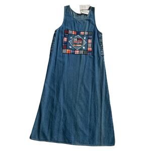 Agapo Vtg 90s American Flag Patchwork Cotton Denim Midi Dress Size Lg NWT read